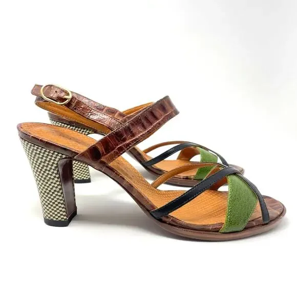 Chie MiharaHeel Sandals Leather Strappy Brown Green B&W Checkered Heel 41 /11